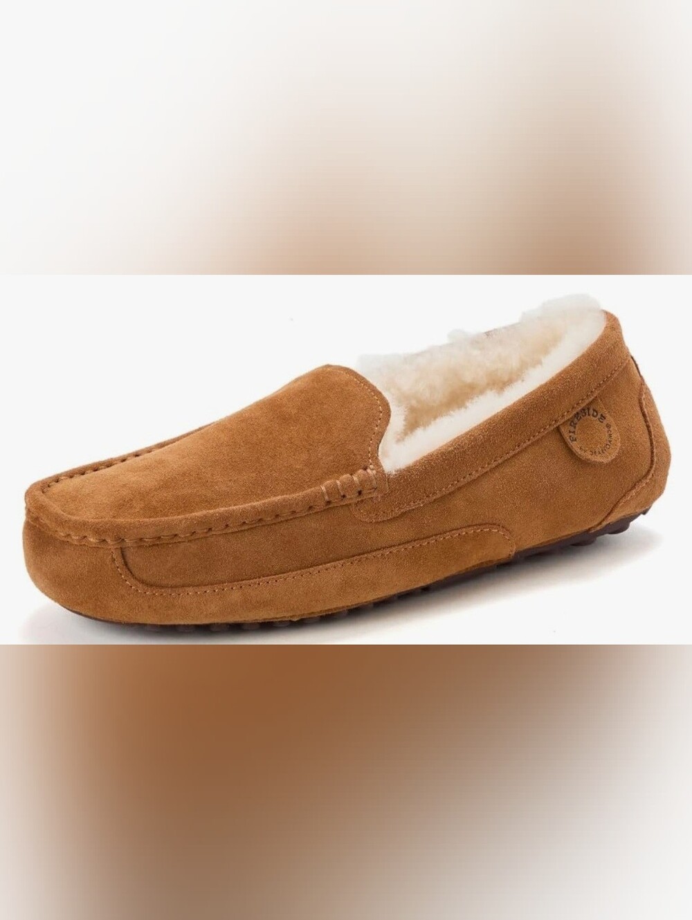 dearfoams Men’s Suede Shearling Moccasin Slipper in Chestnut Brown